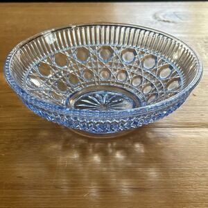 Vintage Federal Glass 70's Blue Depression Bowl Windsor Button And Cane Pattern